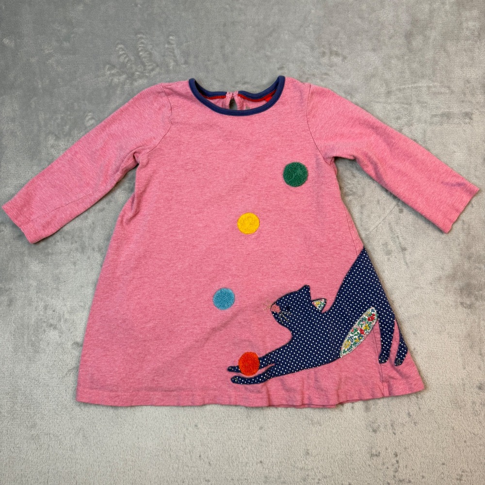 Mini Boden Dress Girls 3-4Y Pink Cat Applique Polka Dot Long Sleeve Jersey 104cm